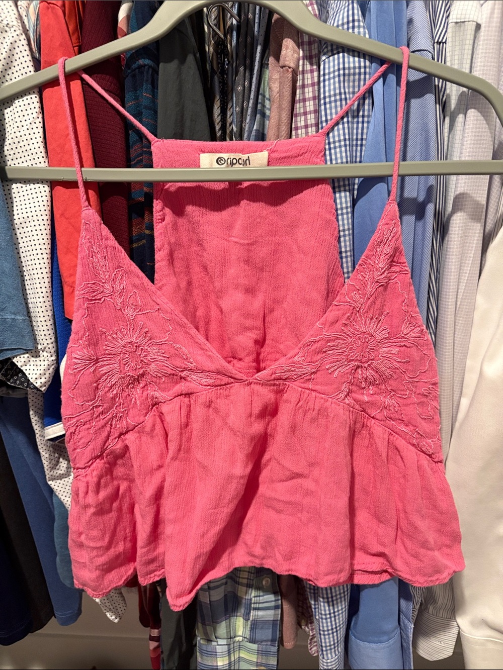 Rip Curl Pink Embroidered Linen-Blend Cami Top